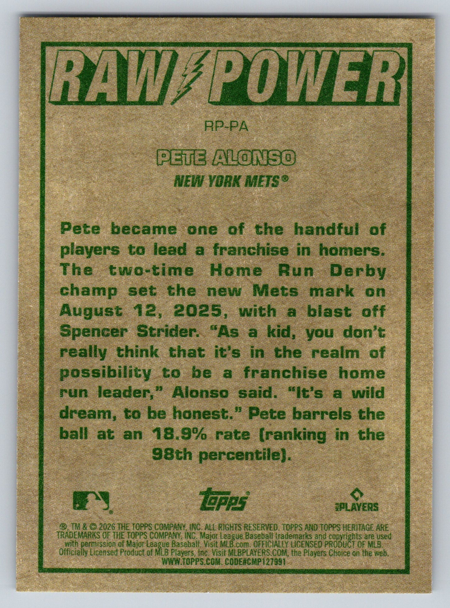 2026 Topps Heritage #RP-PA Pete Alonso Raw Power
