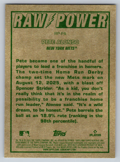 2026 Topps Heritage #RP-PA Pete Alonso Raw Power