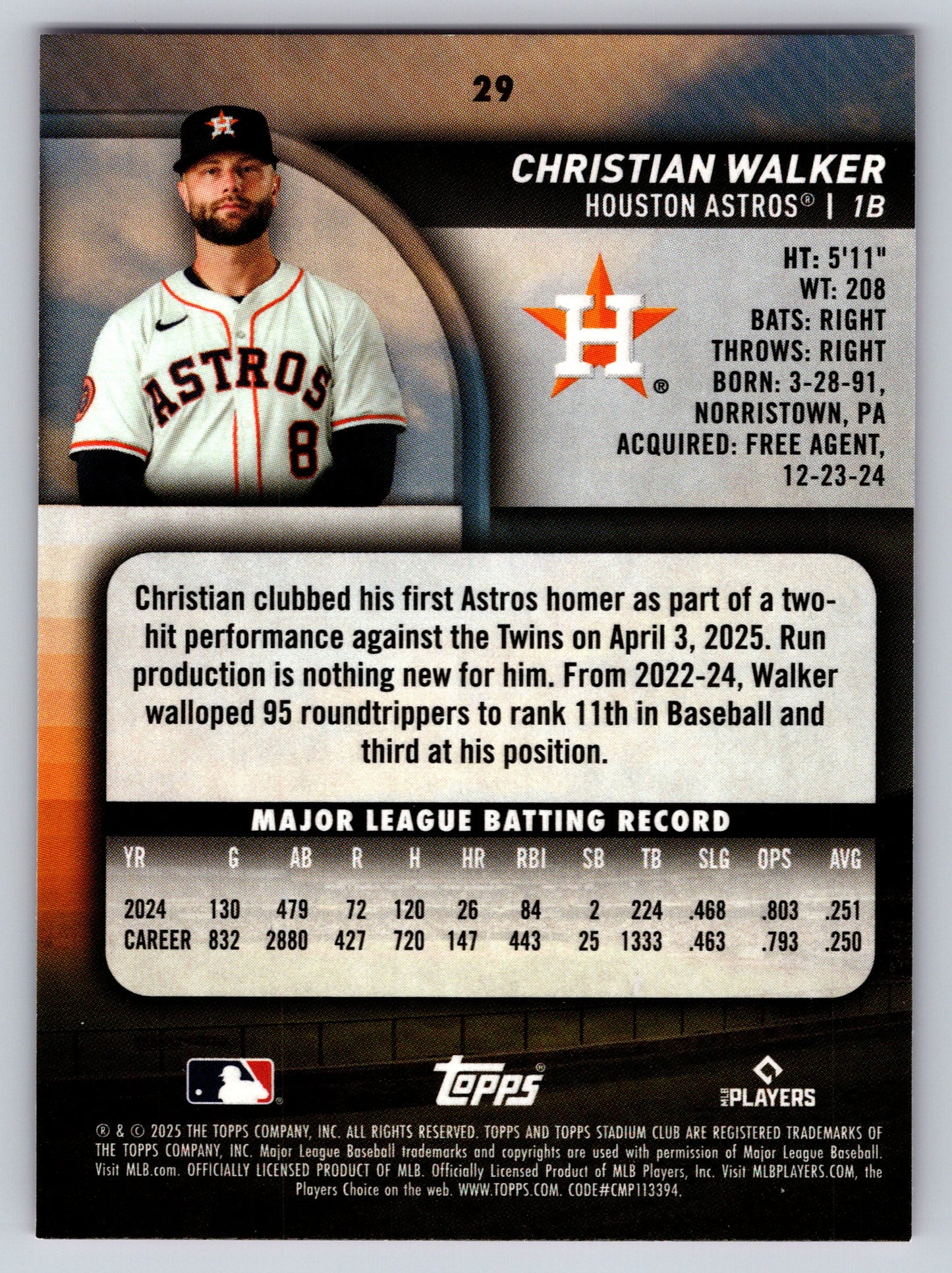 2025 Stadium Club #29 Christian Walker Pink Foil