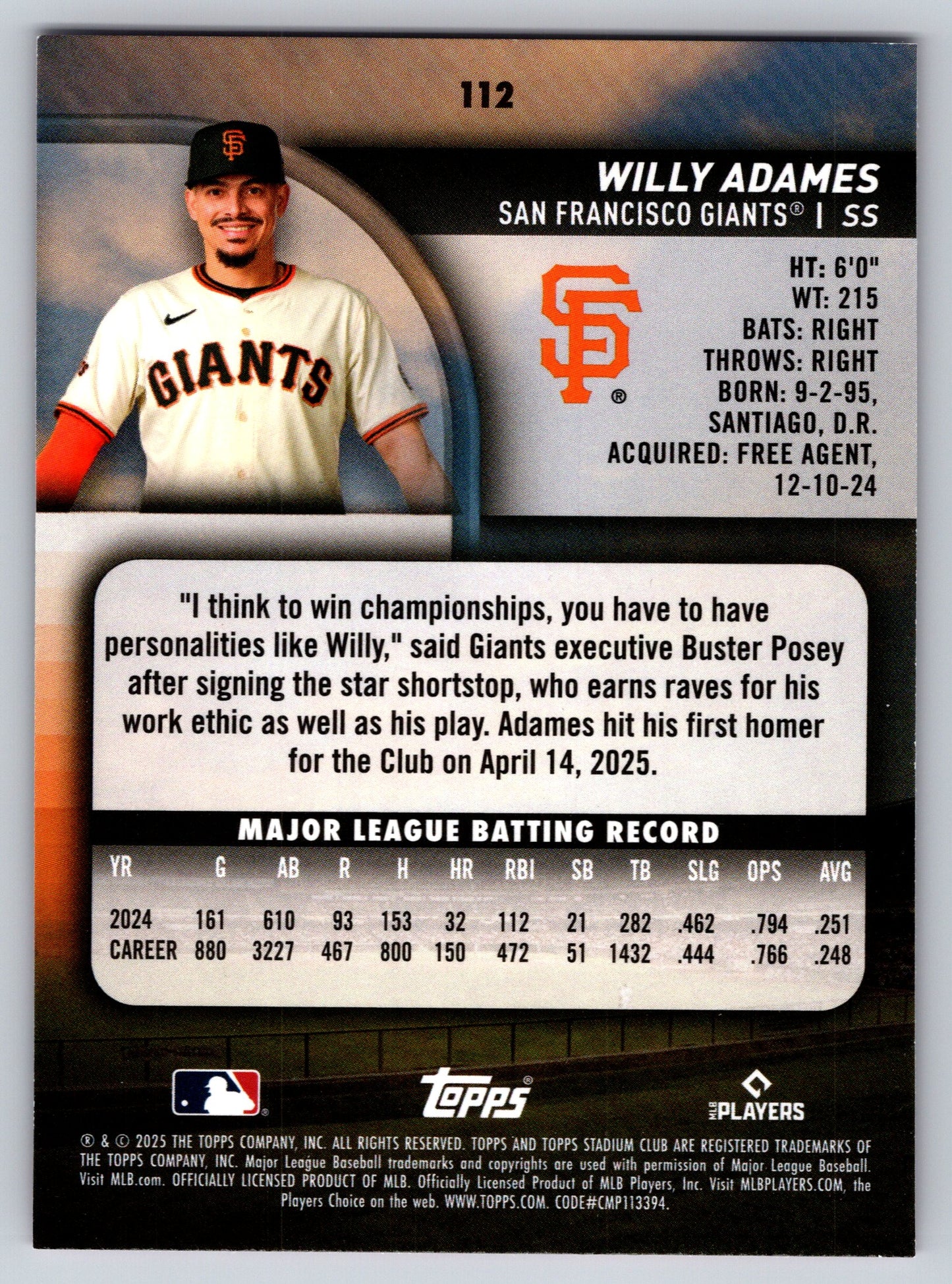 2025 Stadium Club #112 Willy Adames Pink Foil