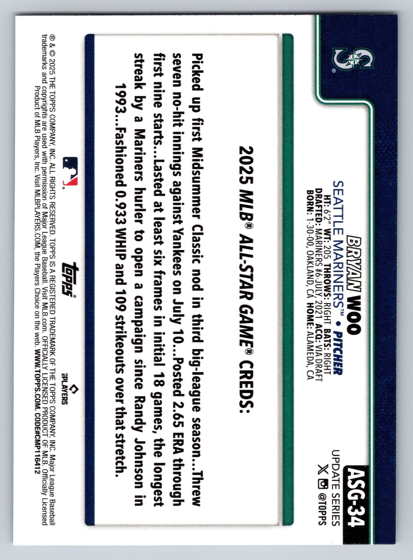 2025 Topps Update #ASG-34 Bryan Woo 2025 All-Star Game rainbow foil