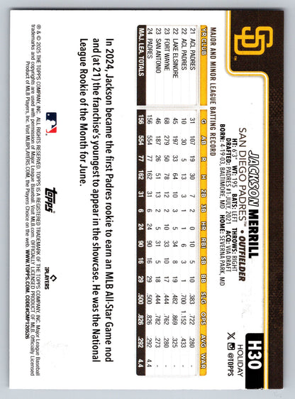 2025 Topps Holiday #H30 Jackson Merrill Silver Glitter Holiday