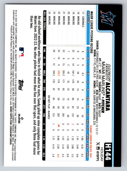 2025 Topps Holiday #H144 Sandy Alcantara Silver Glitter Holiday