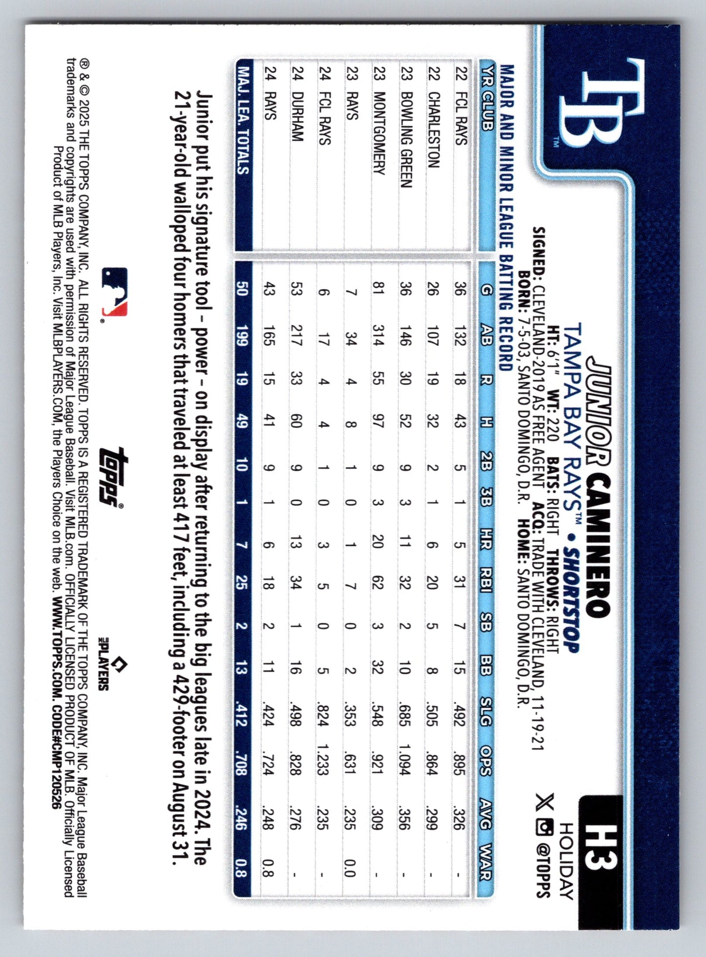 2025 Topps Holiday #H3 Junior Caminero Gold Holiday Lights