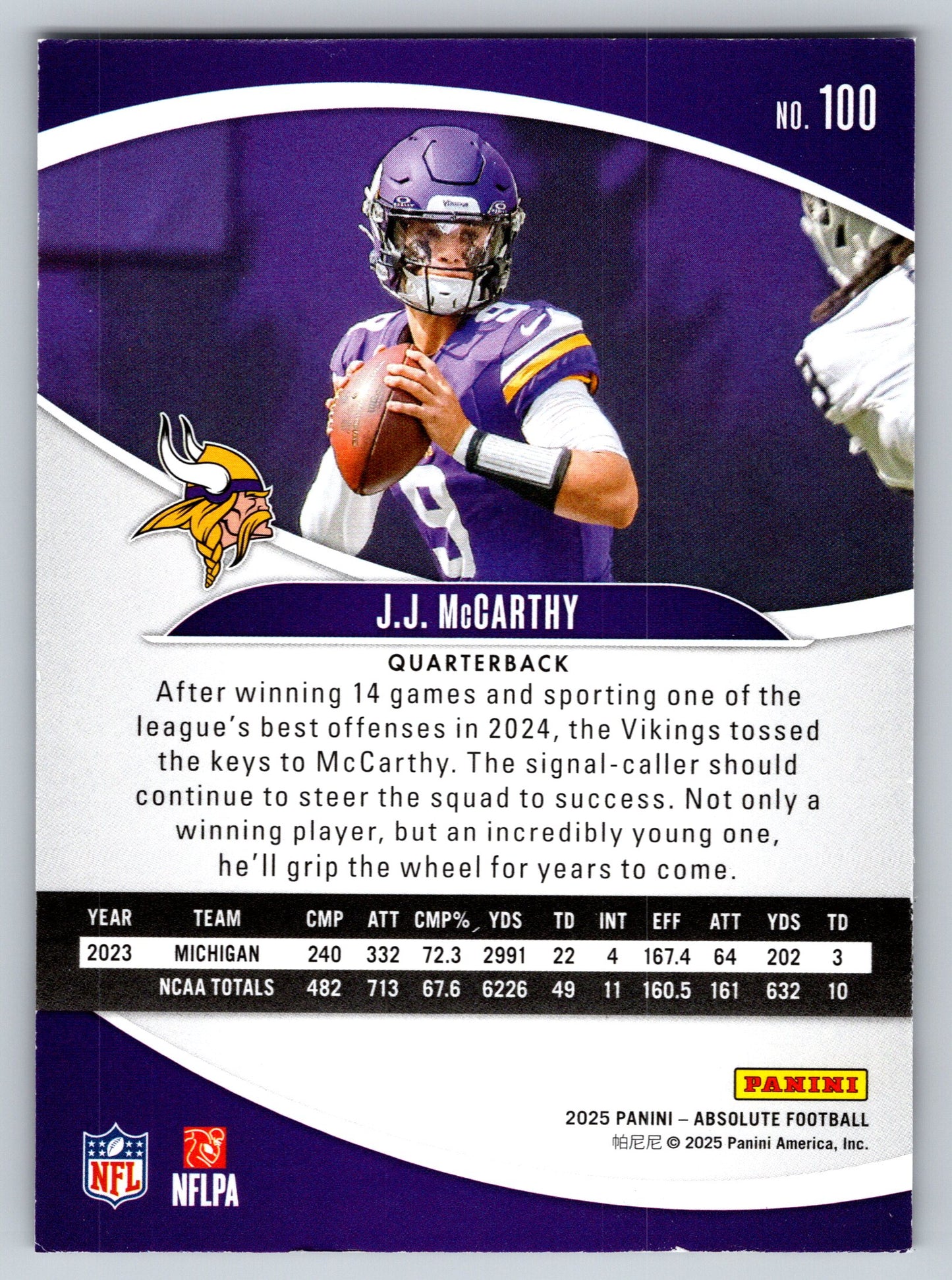 2025 Panini Absolute #100 J.J. McCarthy Yellow