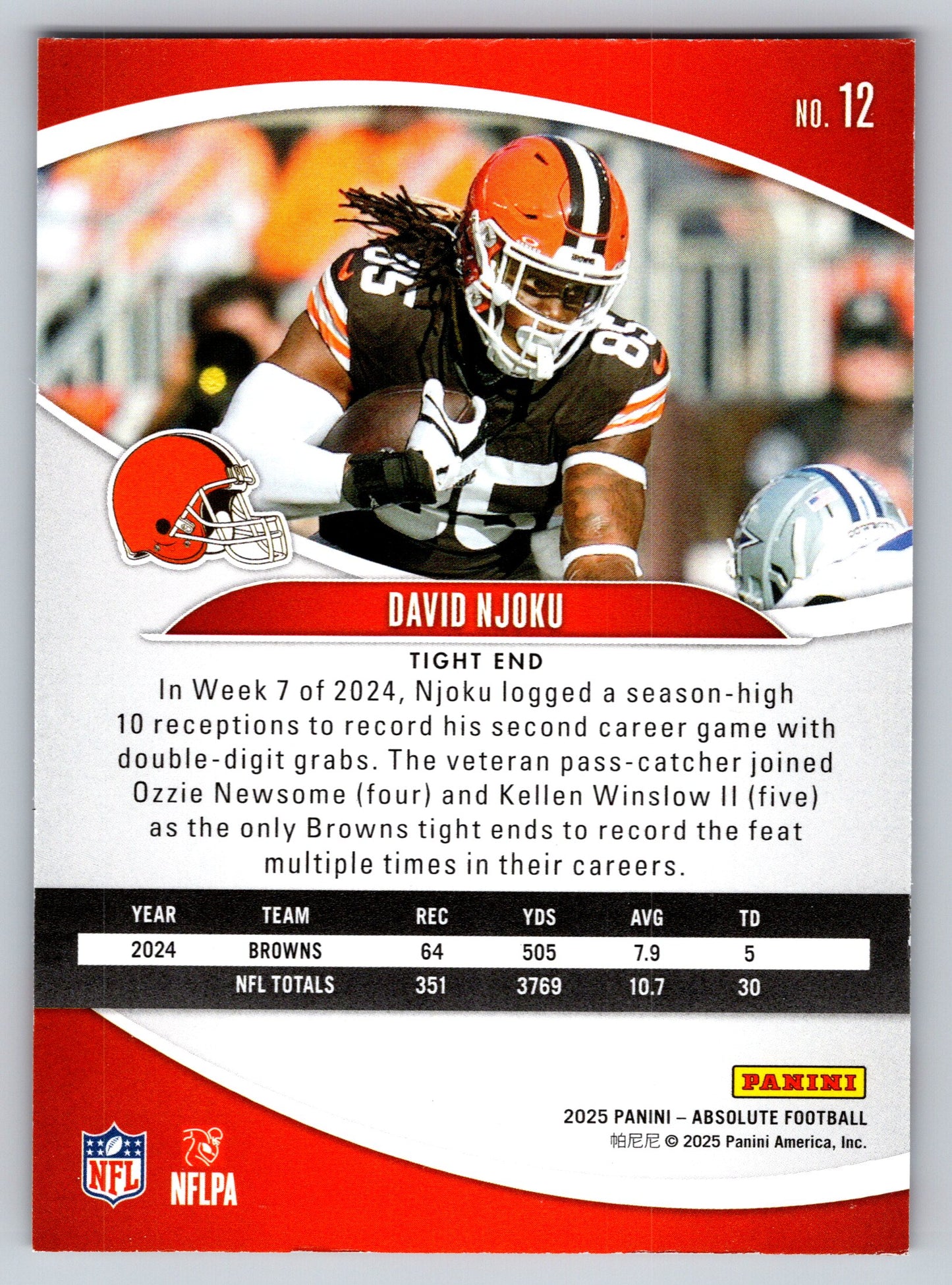 2025 Panini Absolute #12 David Njoku Yellow
