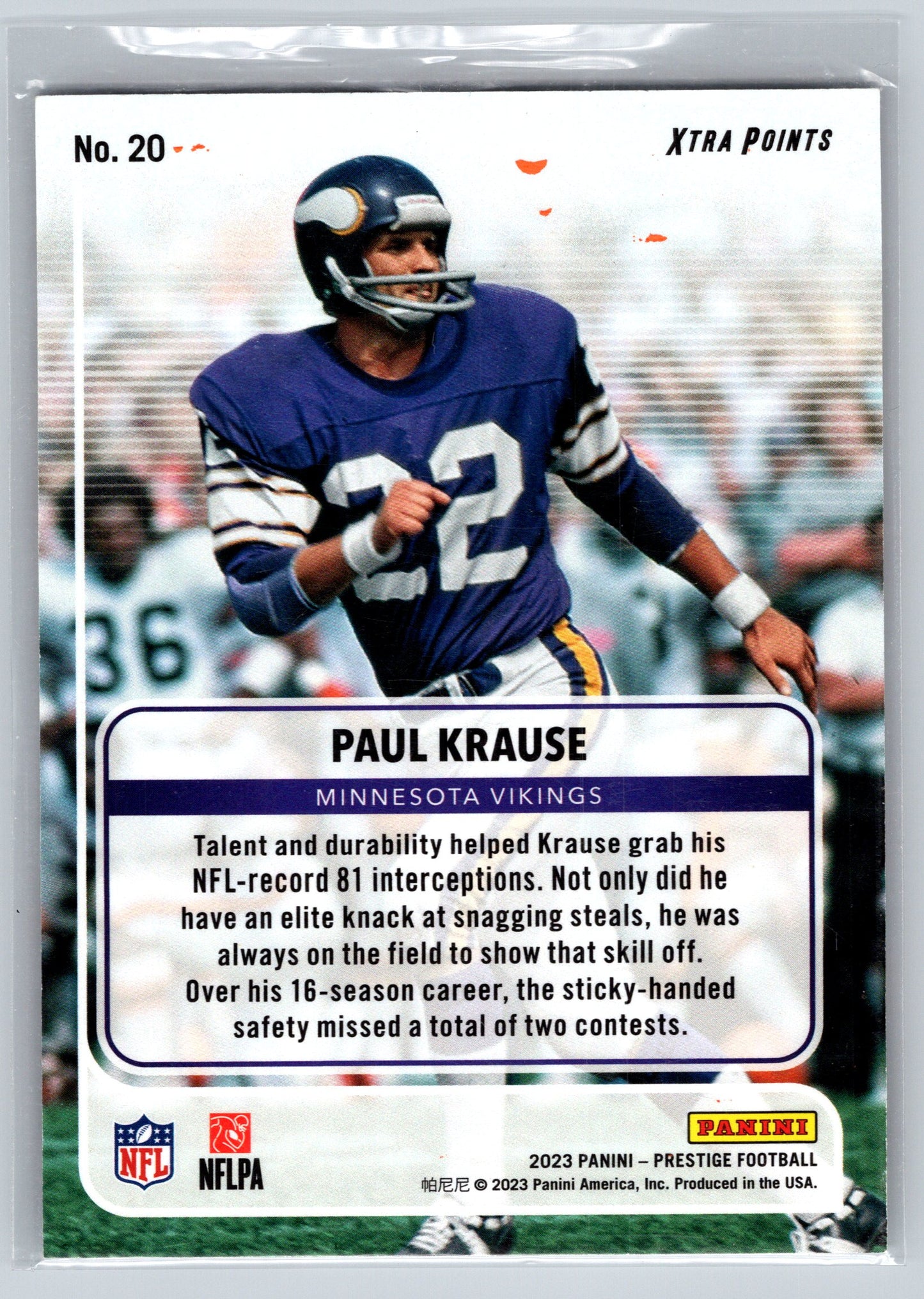 2023 Panini Prestige #20 Paul Krause For the Record Xtra Points Orange #/50