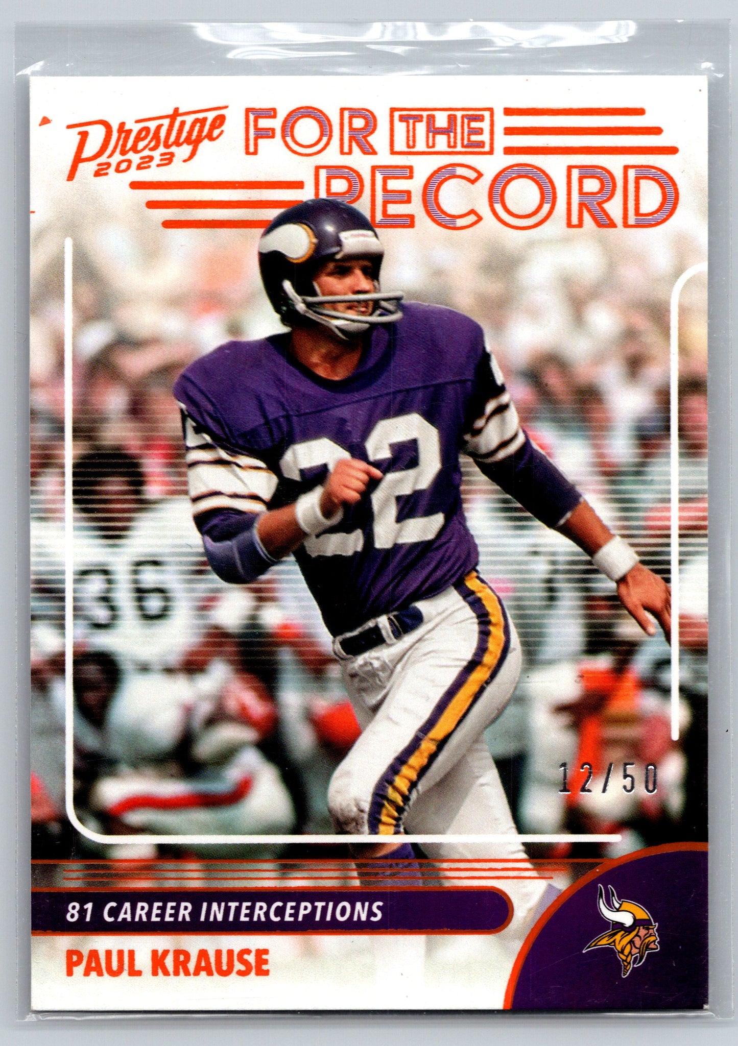 2023 Panini Prestige #20 Paul Krause For the Record Xtra Points Orange #/50