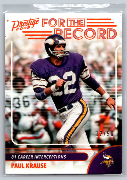 2023 Panini Prestige #20 Paul Krause For the Record Xtra Points Orange #/50
