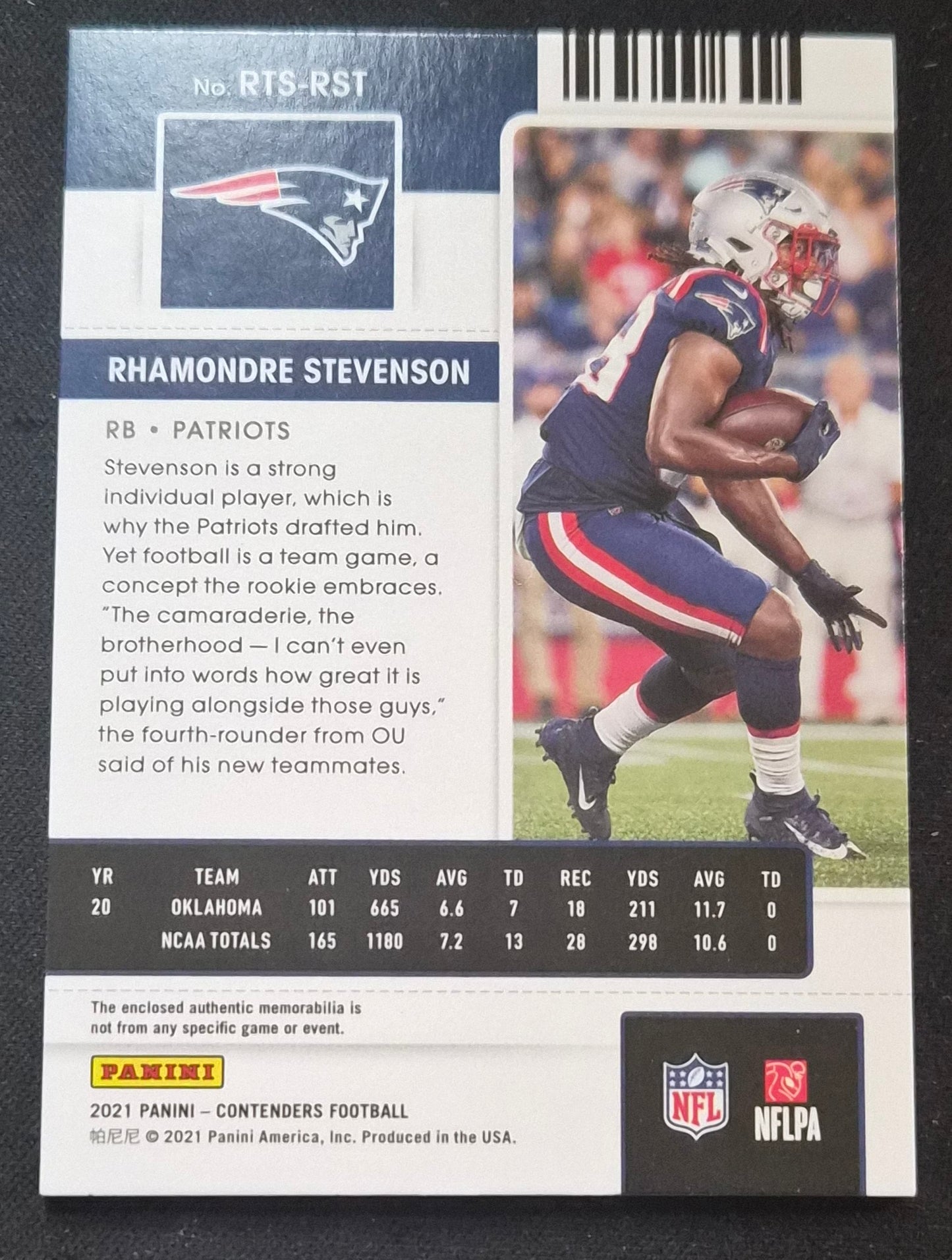 2021 Panini Contenders #RTS-RST Rhamondre Stevenson Rookie Ticket Swatches