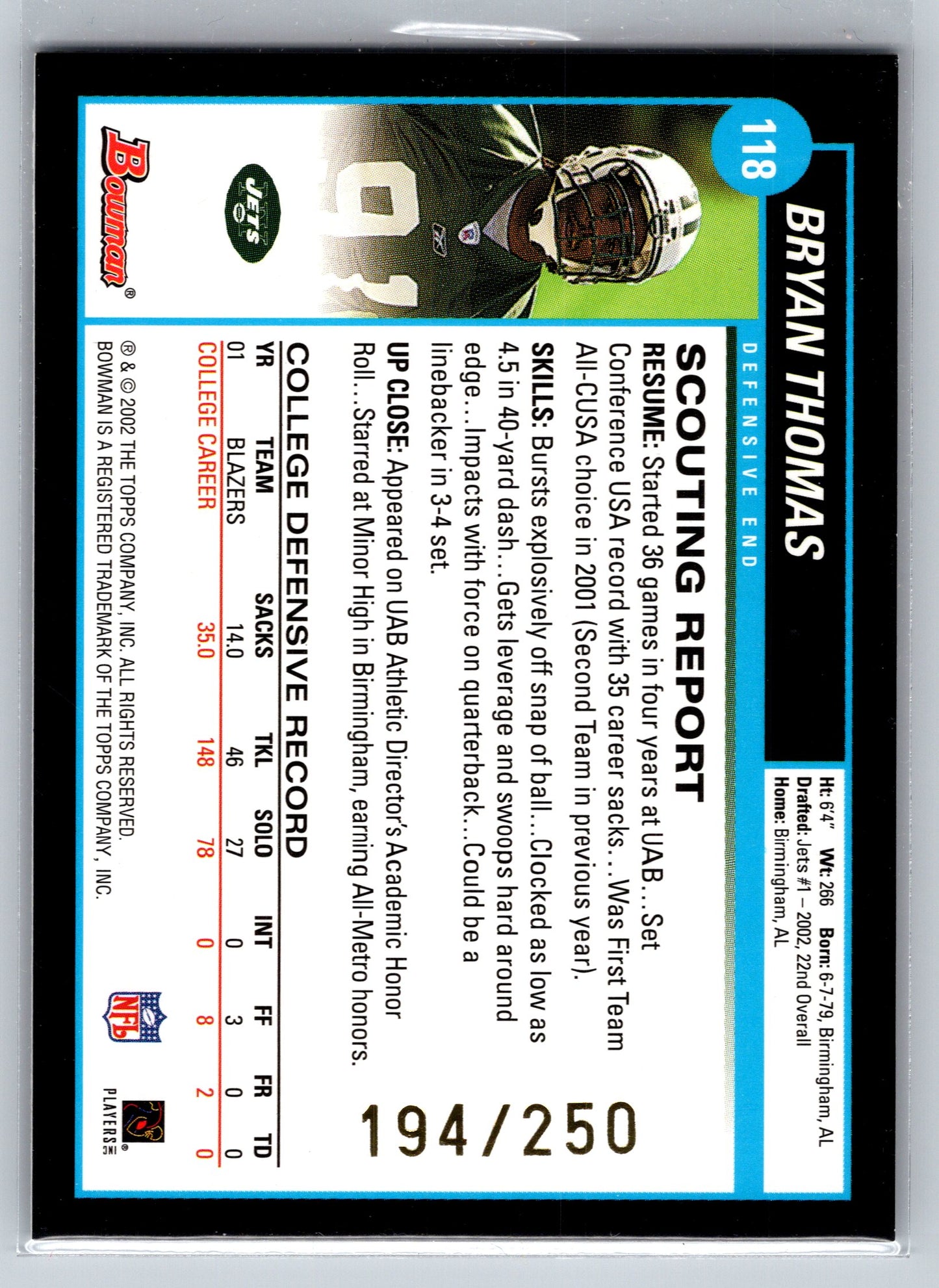 2002 Bowman #118 Bryan Thomas Silver #/250