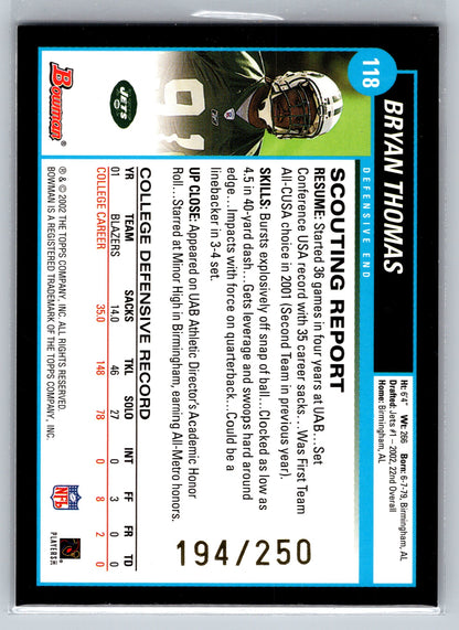 2002 Bowman #118 Bryan Thomas Silver #/250