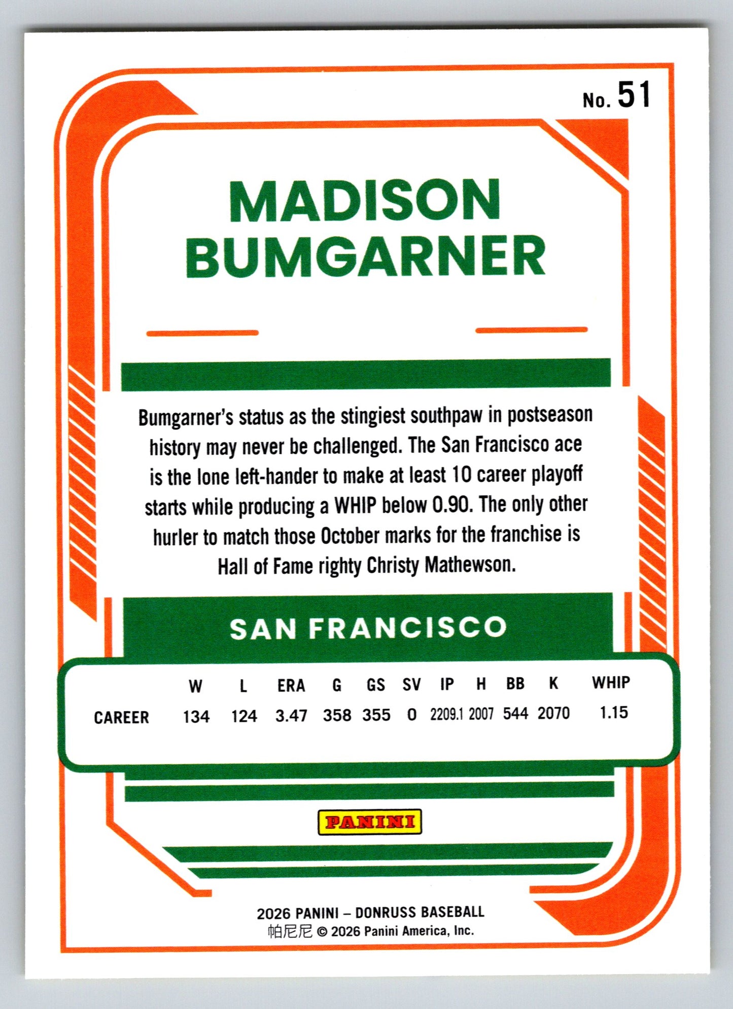 2026 Donruss #51 Madison Bumgarner Yellow Flood