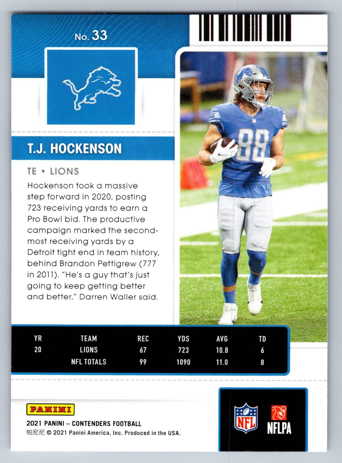 2021 Panini Contenders #33 T.J. Hockenson