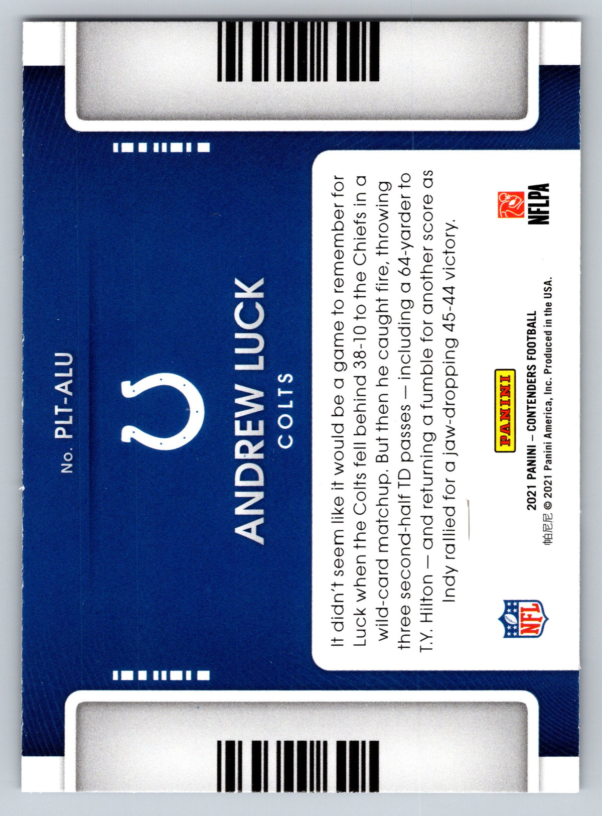 2021 Panini Contenders #PLT-ALU Andrew Luck Playoff Tickets