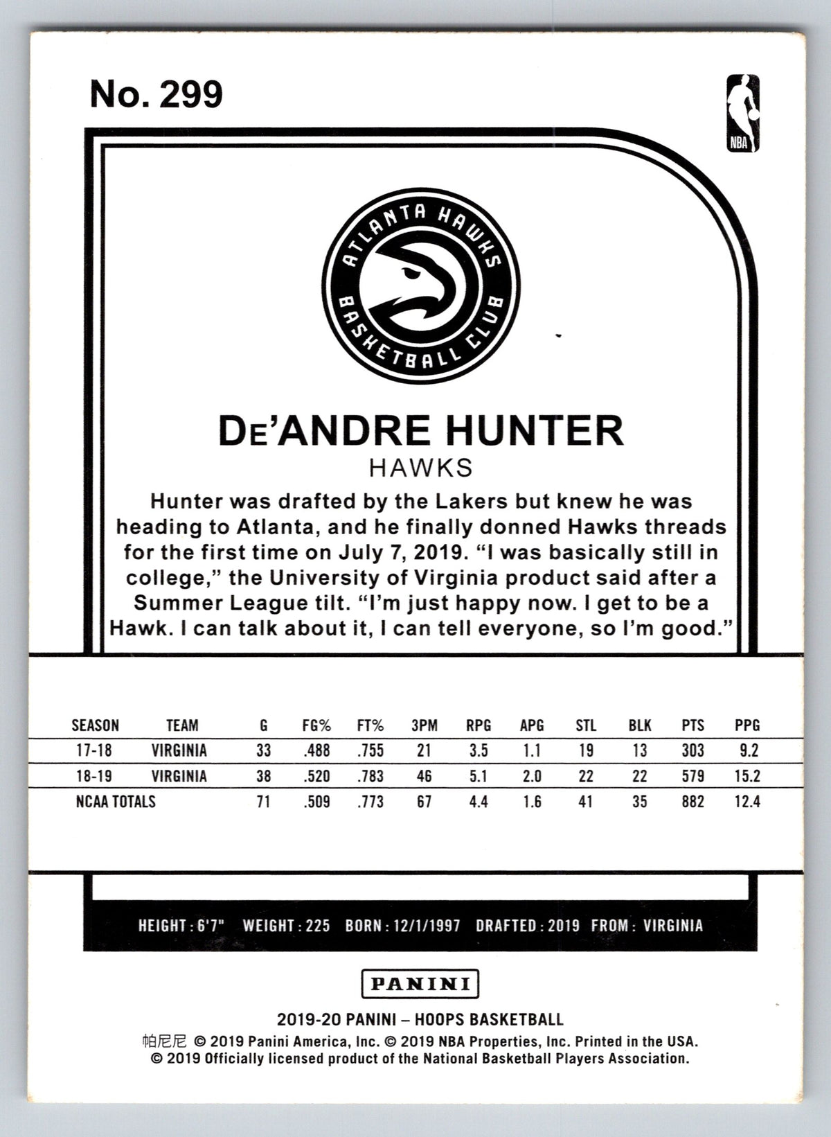2019-20 Hoops #299 De'Andre Hunter