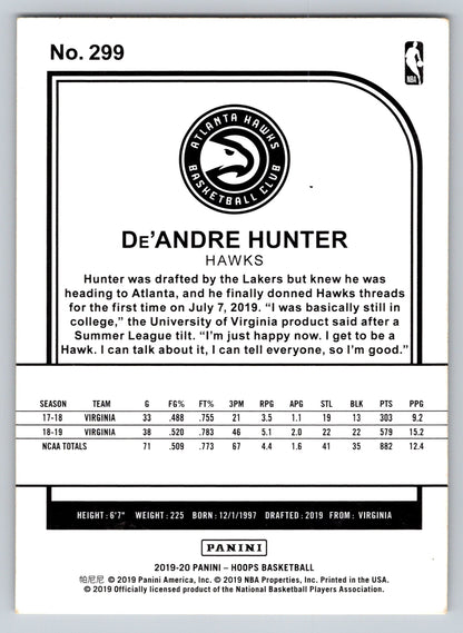 2019-20 Hoops #299 De'Andre Hunter