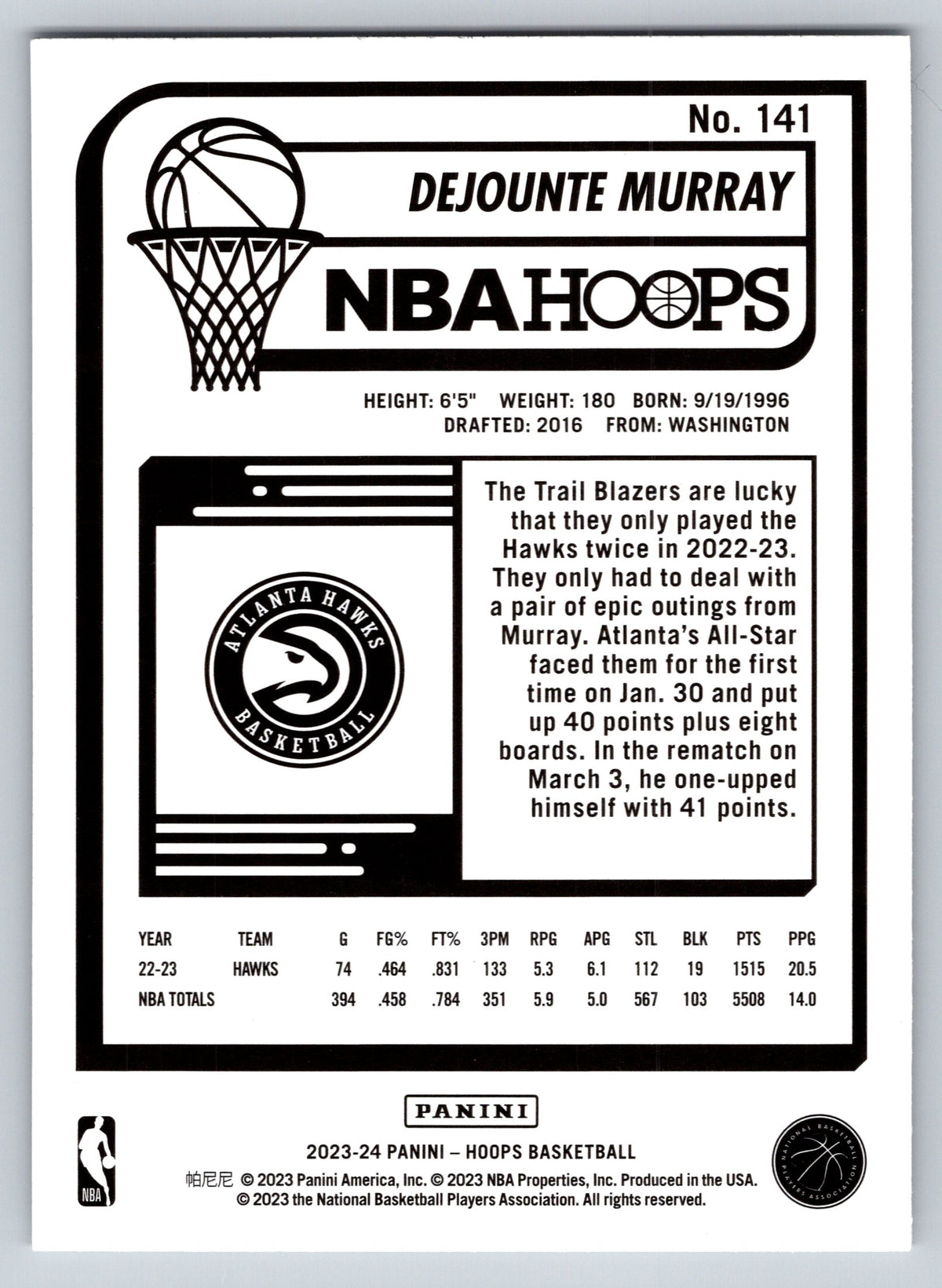2023-24 Hoops #141 Dejounte Murray