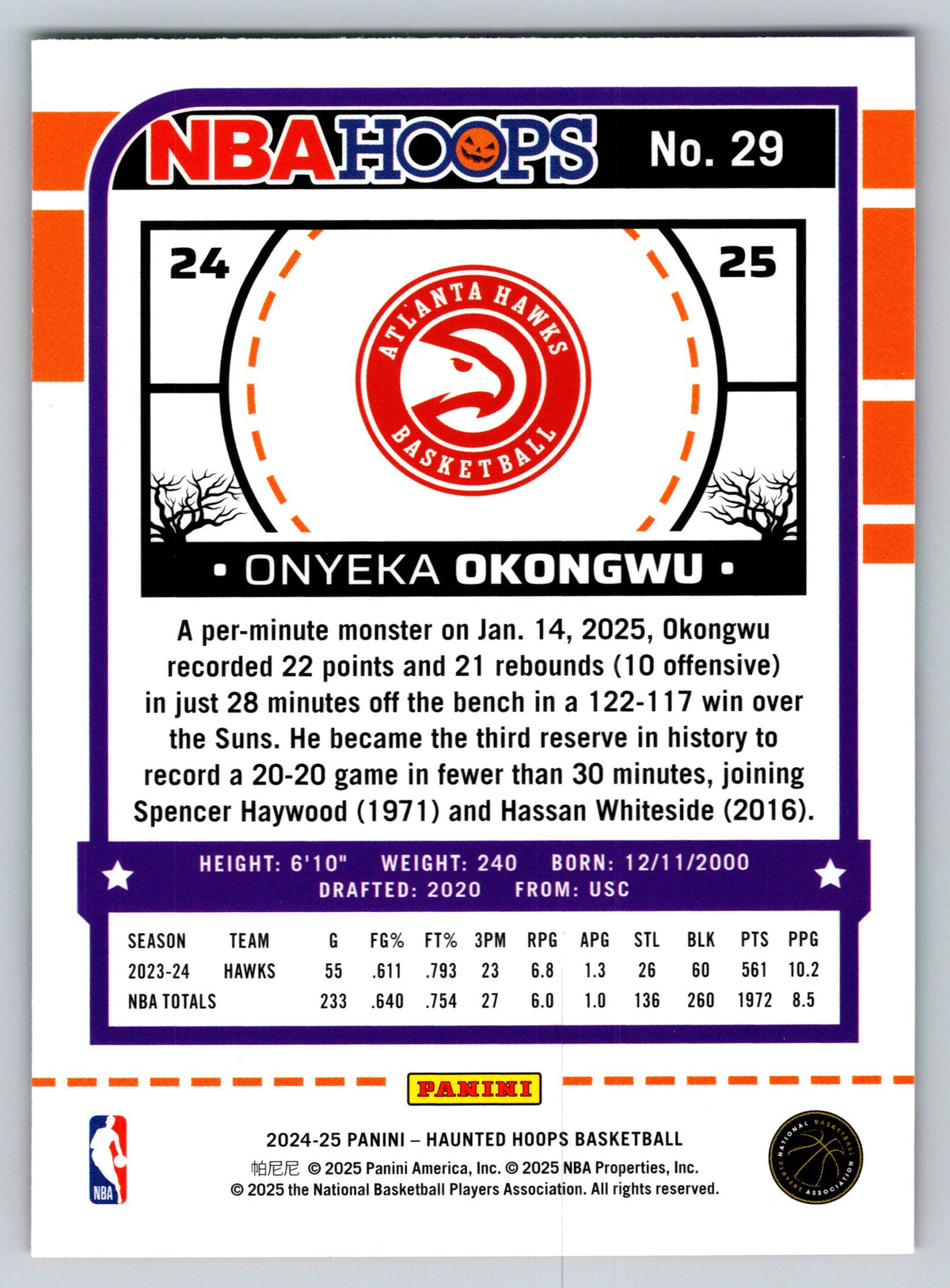 2024-25 Hoops Haunted Hoops #29 Onyeka Okongwu Slime