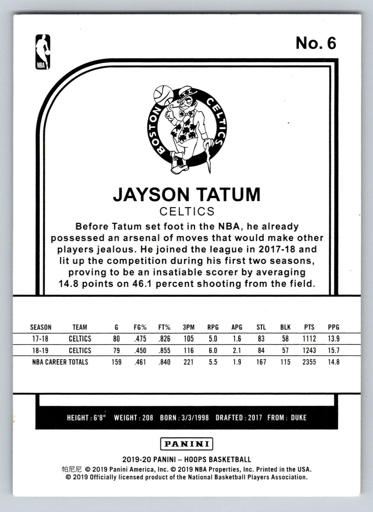 2019-20 Hoops #6 Jayson Tatum
