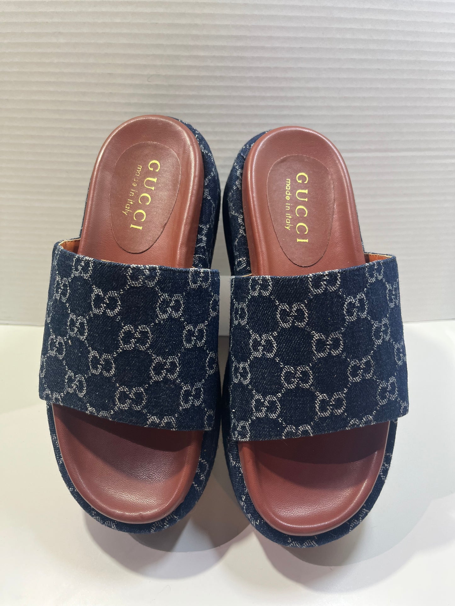 GUCCI Denim GG Monogram Angelina Platform Denim Slide Sandals 38