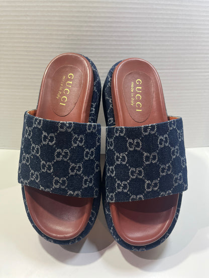 GUCCI Denim GG Monogram Angelina Platform Denim Slide Sandals 38