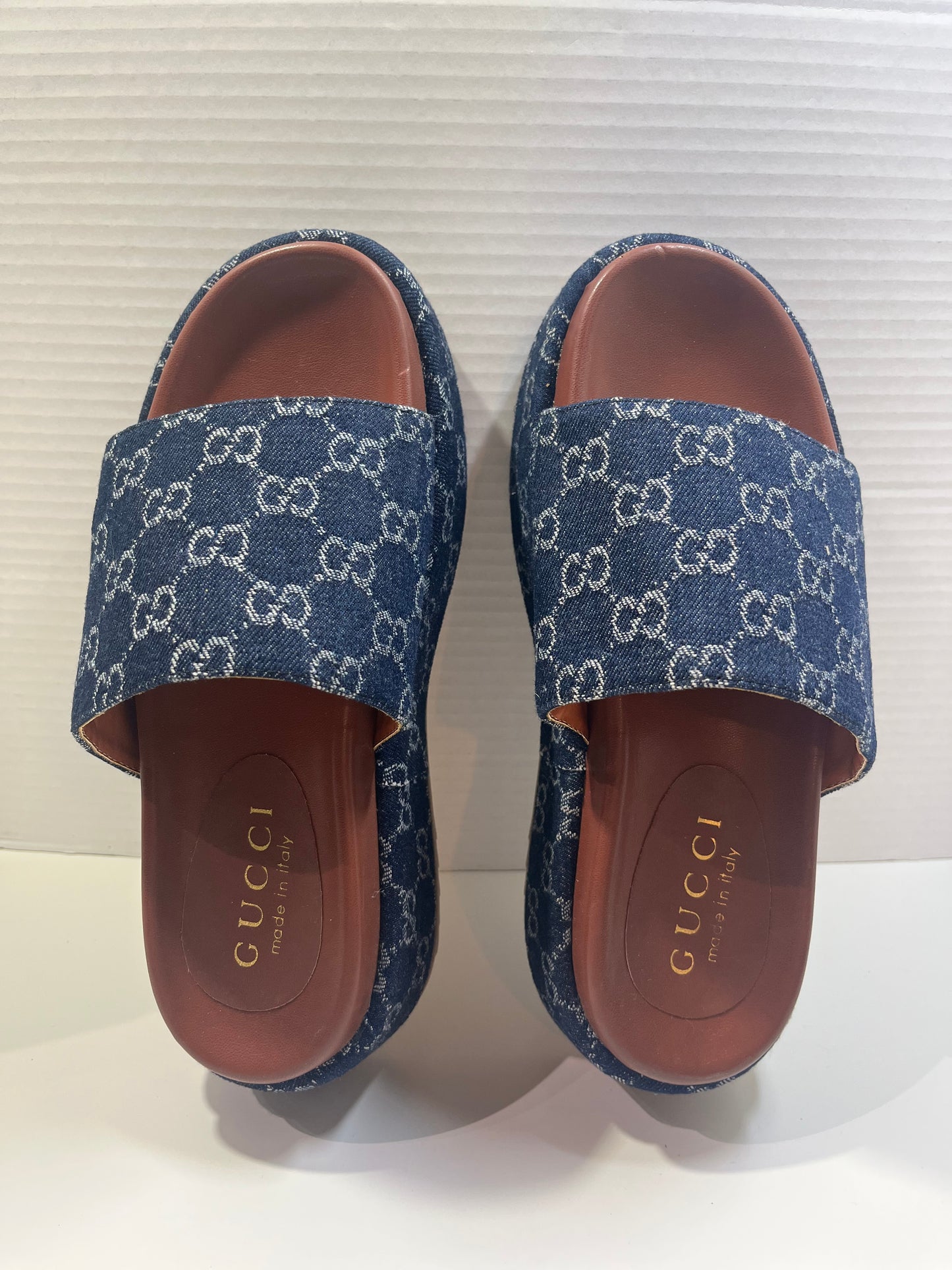 GUCCI Denim GG Monogram Angelina Platform Denim Slide Sandals 38