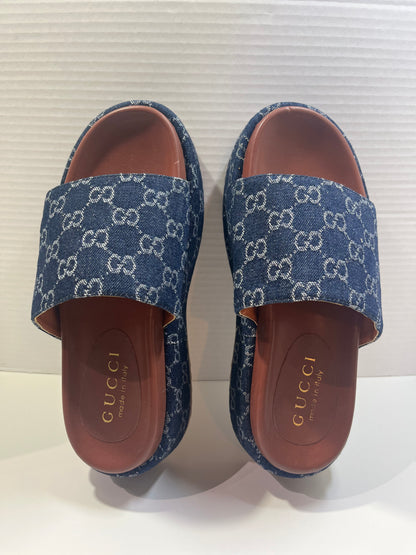 GUCCI Denim GG Monogram Angelina Platform Denim Slide Sandals 38