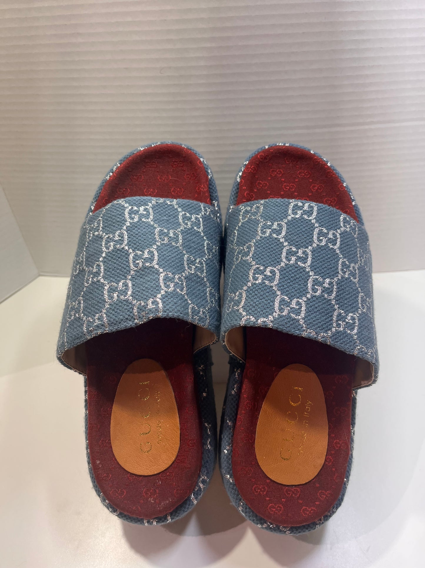 GUCCI Denim GG Monogram Angelina Platform Denim Slide Sandals 38