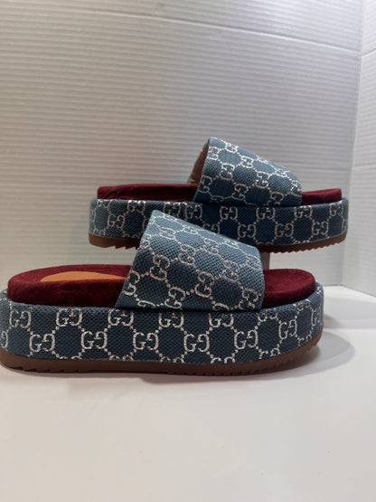 GUCCI Denim GG Monogram Angelina Platform Denim Slide Sandals 38