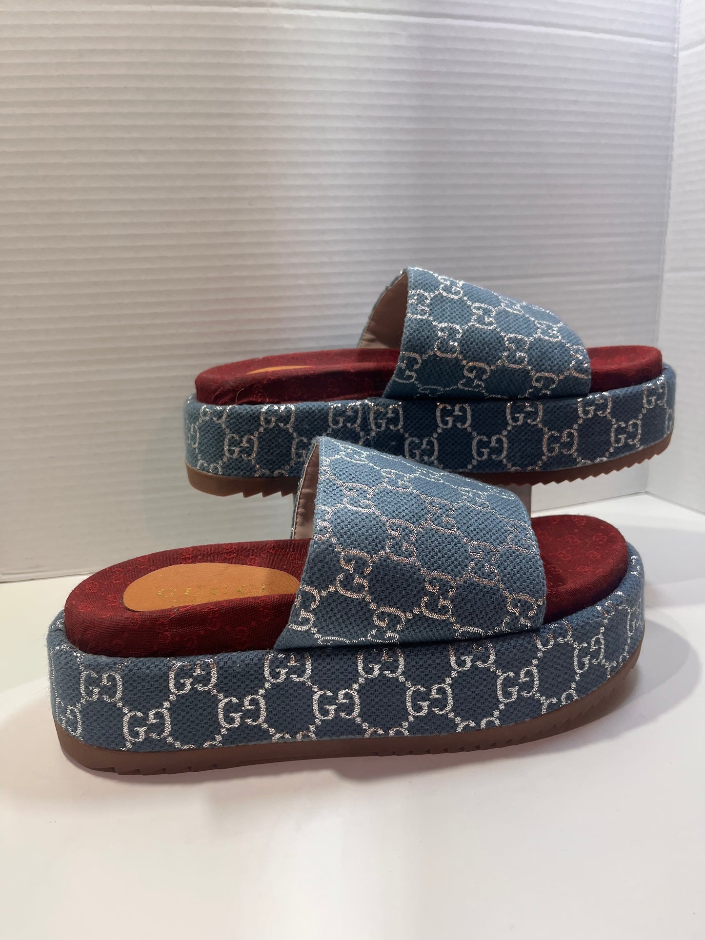 GUCCI Denim GG Monogram Angelina Platform Denim Slide Sandals 38