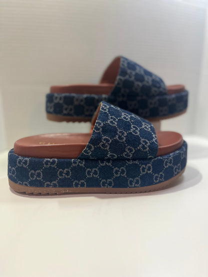 GUCCI Denim GG Monogram Angelina Platform Denim Slide Sandals 38