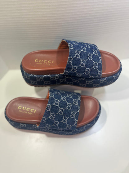 GUCCI Denim GG Monogram Angelina Platform Denim Slide Sandals 38