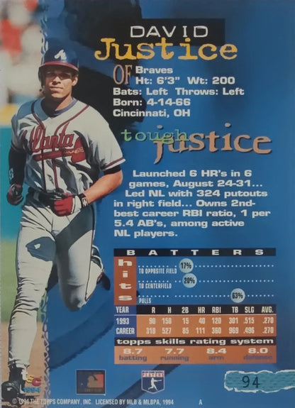 1994 David Justice Topps Stadium Club Gold