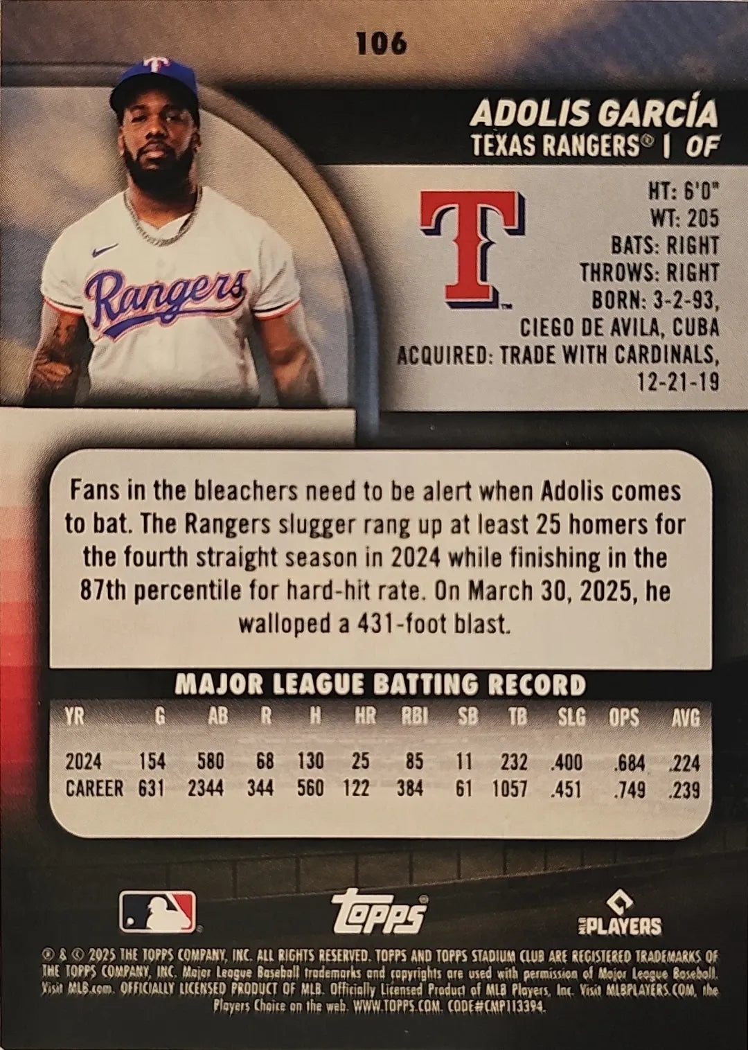 2025 Adolis Garcia Topps Stadium Club (Light Blue)