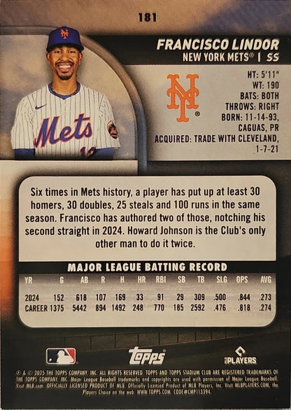 2025 Francisco Lindor Topps Stadium Club (Light Blue)