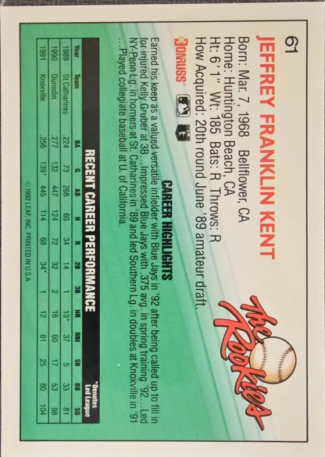 1992 Jeff Kent Donruss (The Rookies)