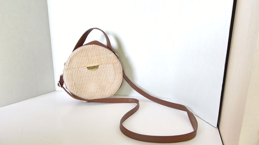Vintage Round Woven Straw and Leather Handbag