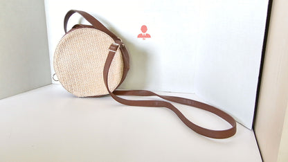 Vintage Round Woven Straw and Leather Handbag