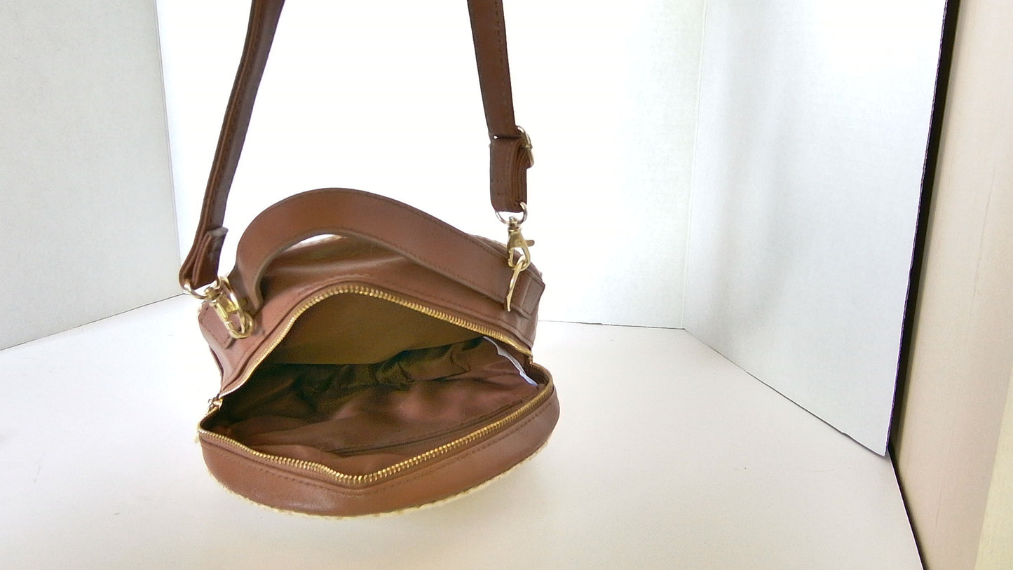 Vintage Round Woven Straw and Leather Handbag
